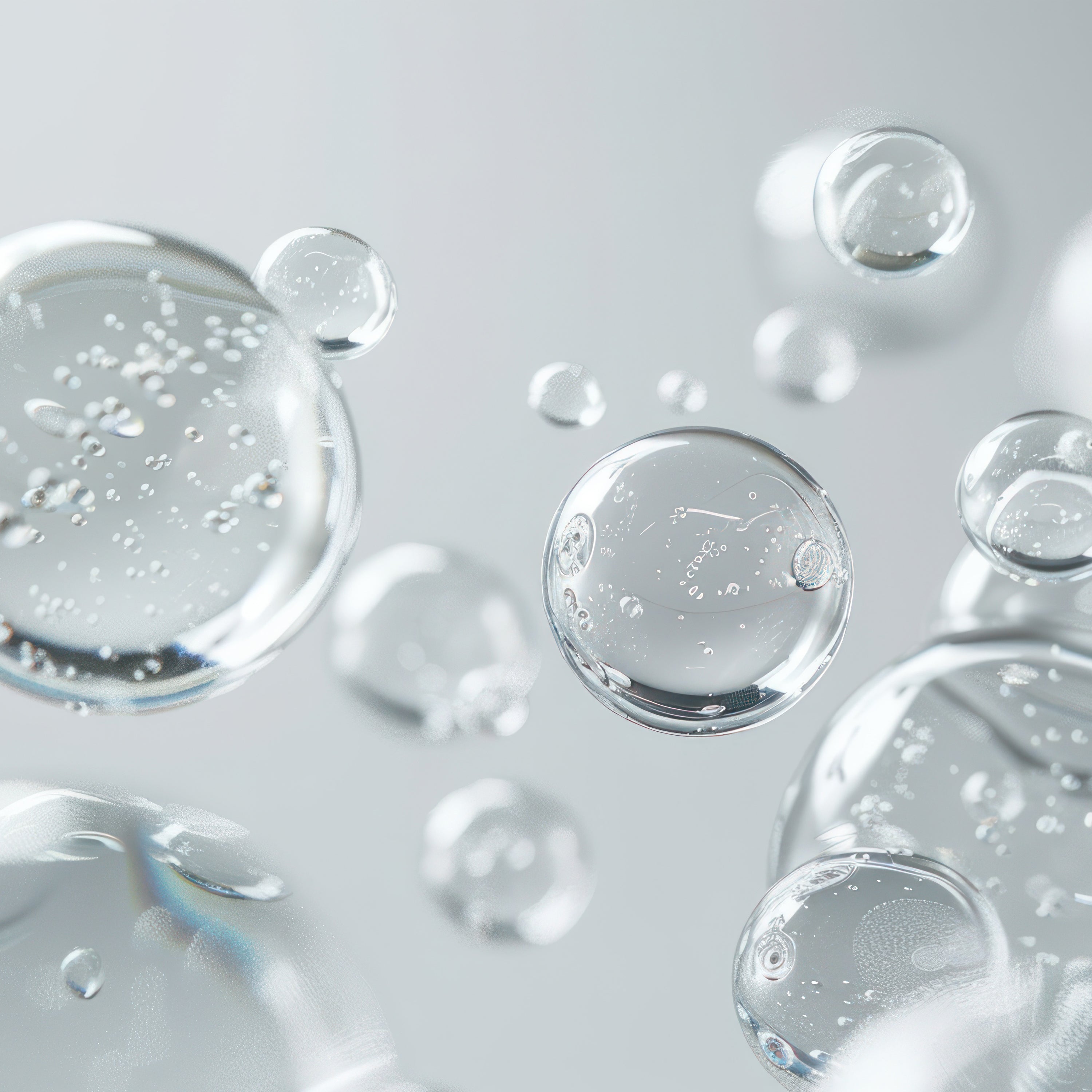 Clear water droplets and bubbles symbolizing deep skin hydration
